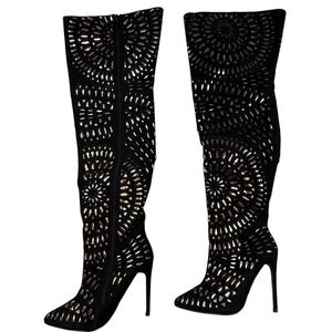 Viga Fiore boot 7.5 Black Suede Gold Laser Cut Stiletto Over The Knee Boots